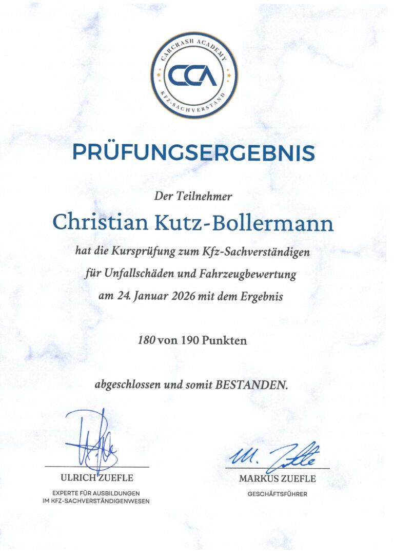 Prüfungsergebnis Kfz-Sachverständiger Bollermann