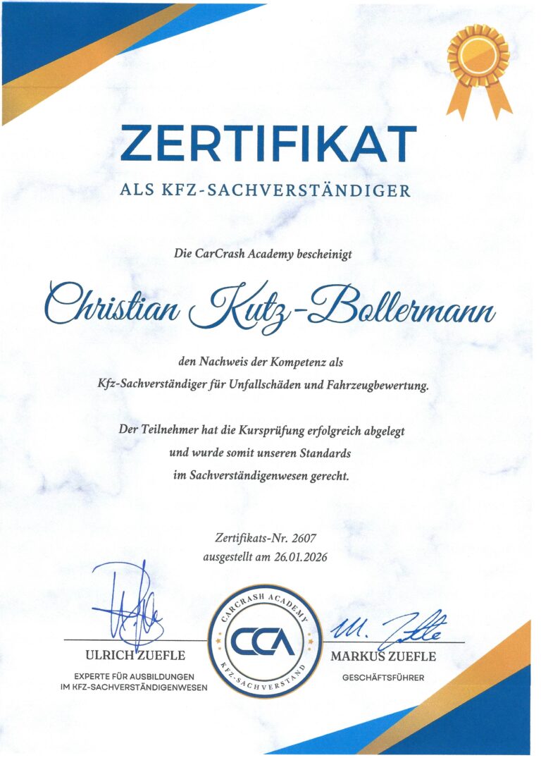 Zertifikat Kfz-Sachverständiger Bollermann